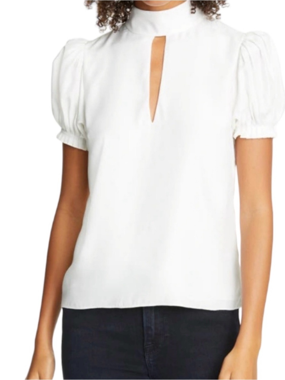 FRAME DENIM Off White Silk Puff-Sleeve Keyhole Blouse